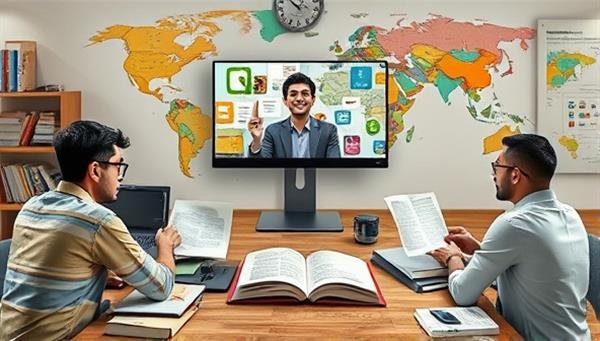 An artistic depiction of a virtual language learning workshop session, with participants engaging in language exercises and cultural activities through video conferencing, surrounded by language textbooks and maps, creating a dynamic and interactive learning environment for linguistic enthusiasts.