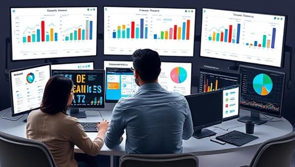 A dynamic image of a virtual marketing strategist analyzing data on multiple screens, conducting a virtual marketing workshop for clients, surrounded by marketing reports, trend charts, and innovative marketing campaign visuals, showcasing expertise and innovation in virtual marketing consultancy.