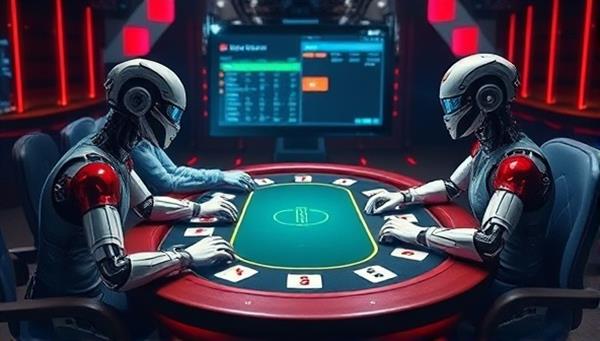 An image showcasing a virtual poker table with AI-powered avatars analyzing gameplay, providing feedback to players, and enhancing the overall poker experience with futuristic elements, emphasizing the blend of technology and poker expertise.