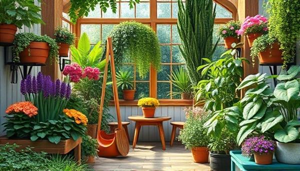 An inviting virtual garden space filled with lush plants, colorful flowers, gardening tools, and cozy seating areas where members of GreenThumbHub can virtually gather, share gardening experiences, and exchange plant care advice in a vibrant and green community setting.