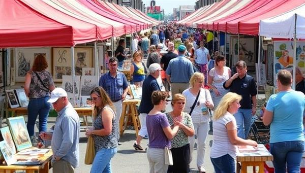A bustling art market scene with colorful tents and booths displaying handmade artworks, artists interacting with visitors, shoppers exploring unique creations, live art demonstrations in progress, and a vibrant atmosphere filled with creativity and inspiration.