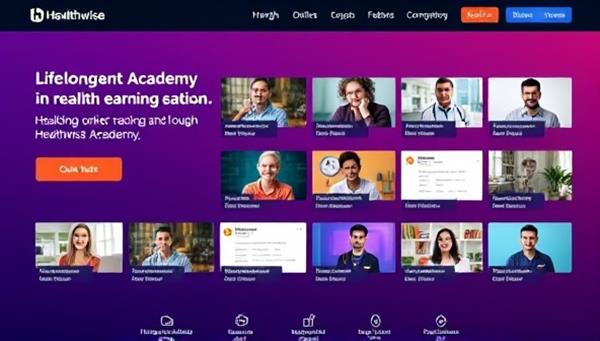 A dynamic online learning platform interface showcasing a diverse range of health courses, expert instructors, interactive webinars, and community forums, inviting users to explore and engage in lifelong health education through Healthwise Academy.