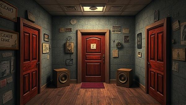 An intriguing visual of a virtual escape room with mysterious clues, locked doors, and interactive elements, evoking a sense of mystery and excitement for players seeking a thrilling challenge.