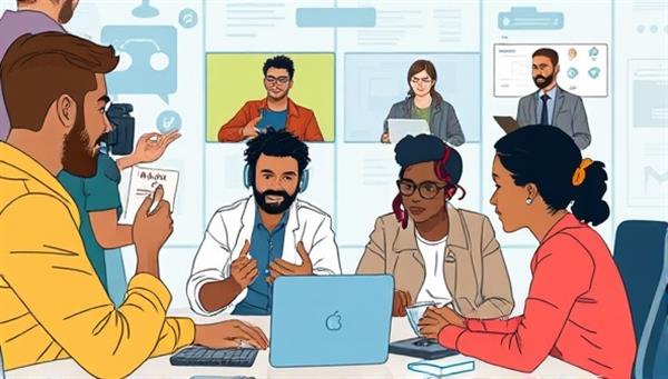 An illustrative depiction of a diverse group of industry professionals and aspiring game developers engaged in a virtual mentorship session, exchanging ideas and feedback on game projects and career development strategies, highlighting the collaborative and supportive environment facilitated by GameMentor Hub