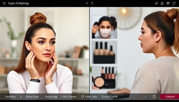 A split-screen image showing a makeup artist conducting a virtual consultation with a client, displaying various makeup products and tools in the background, highlighting the personalized and interactive nature of the service.