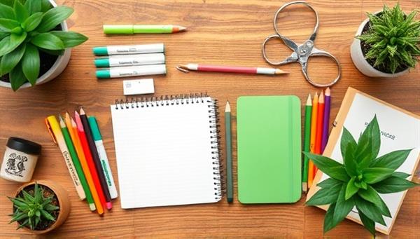 An assortment of eco-friendly school supplies neatly arranged on a wooden desk, surrounded by green plants and natural elements, conveying a sense of sustainability and eco-consciousness in education with the EcoEssentials subscription box.