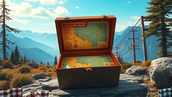 An adventurous digital artwork showcasing a traveler opening an adventure travel mystery box in a remote wilderness setting, revealing a stunning landscape and a map with hidden trails and landmarks, sparking curiosity and excitement for the upcoming journey.