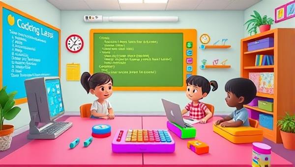 A vibrant digital classroom setting with animated characters engaging in a coding lesson, featuring colorful code blocks and a playful learning environment to appeal to young students.
