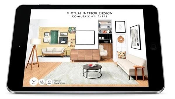 A visually appealing digital mood board showcasing a cohesive interior design concept with color swatches, furniture pieces, and decorative accents, representing the creative and personalized approach of virtual interior design consultations, all displayed on a sleek tablet screen.