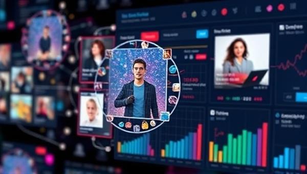 An image showcasing a dynamic AI-powered algorithm creating customized ad visuals in real-time, with diverse customer profiles and engagement metrics displayed in the background, illustrating the platform