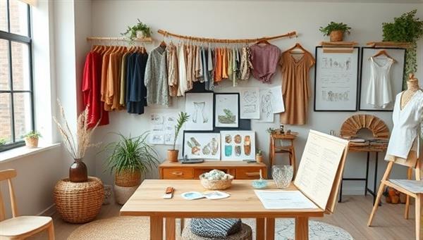 An online sustainable fashion design course setting with a virtual design studio equipped with eco-friendly fabric swatches, recycled materials, design sketches, and sustainable fashion mood boards, creating a visually inspiring and environmentally conscious learning environment.