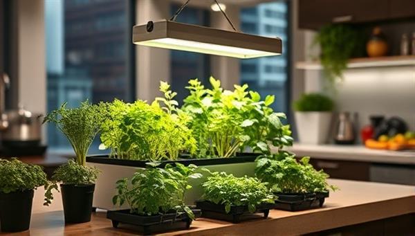 An urban kitchen scene with a compact indoor farming kit on a countertop, showcasing flourishing herbs and vegetables growing under LED lights, creating a fresh and sustainable atmosphere in a modern city setting.