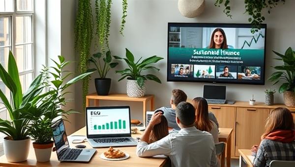 An eco-friendly workspace with sustainable finance textbooks, green plant decorations, and digital devices displaying ESG investment data, a diverse group of learners engaging in a virtual workshop on sustainable finance practices, and a speaker delivering a keynote on ethical investing, showcasing a harmonious blend of finance and sustainability.