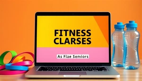 An image of a laptop displaying a virtual fitness challenge session for seniors, with colorful exercise bands and water bottles nearby, showcasing a vibrant and inclusive environment for active aging.