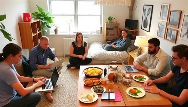 A lively co-living space with individuals working on laptops in a shared workspace, engaging in discussions, and enjoying a communal meal, showcasing the blend of work, social interaction, and community living at NomadNest Co-Living.