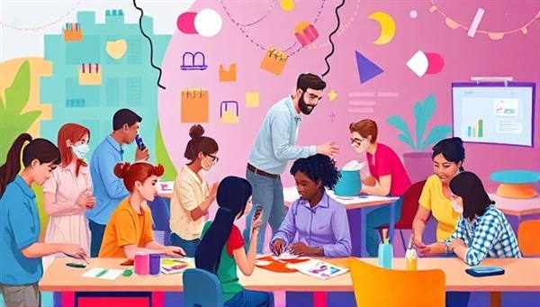 A vibrant digital artwork featuring a dynamic exchange of skills and hobbies among diverse individuals, depicted through interactive workshops, collaborative projects, and joyful learning experiences, symbolizing the spirit of creativity, community, and lifelong learning at SkillSwap Society.