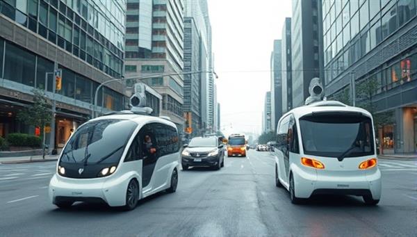A futuristic cityscape scene showcasing autonomous delivery vehicles navigating busy streets, with packages being automatically loaded and unloaded from the vehicles, illustrating the efficiency and convenience of AutoDrop Delivery in urban settings.