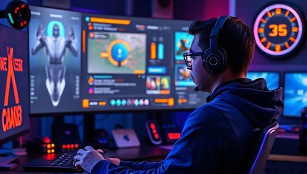 An AI-powered virtual gaming coach interface displaying real-time feedback and strategy suggestions to a focused gamer, surrounded by gaming paraphernalia, creating a futuristic and engaging gaming atmosphere.