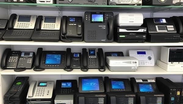 An array of high-tech telecommunication devices neatly displayed on shelves, ready for rental, with a mix of conference phones, video conferencing systems, and networking tools, conveying a professional and tech-savvy image for the rental service.