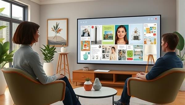 An artistic rendering of a virtual interior design consultation session, featuring a designer presenting a digital mood board on a screen while discussing color schemes and decor ideas with a client, showcasing creativity and modern design approaches.
