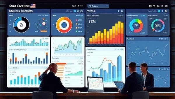 A digital dashboard displaying real-time marketing analytics metrics, charts, and graphs, with a team of experts analyzing data and discussing strategies, symbolizing the power of data-driven marketing insights.