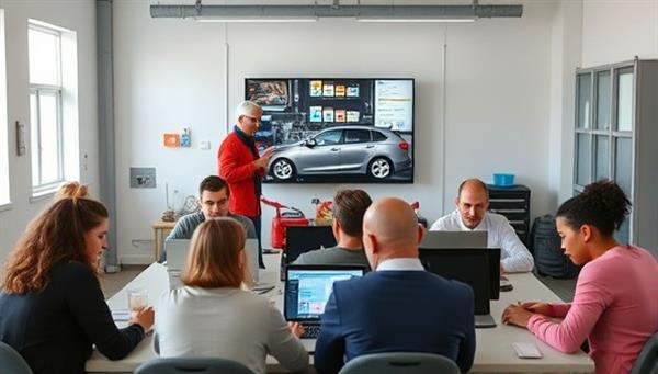 An online workshop setting with a diverse group of individuals in front of laptops, engaging in a virtual car maintenance class with interactive demonstrations and discussions, fostering a sense of community and learning.