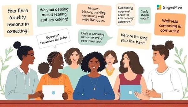 An illustration of diverse individuals engaging in a virtual group therapy session, surrounded by supportive messages and wellness resources, promoting mental health community and connection.
