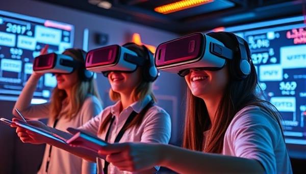 An engaging visual of players wearing VR headsets, collaborating virtually in a futuristic escape room setting with digital puzzles and challenges, creating a sense of adventure and excitement.
