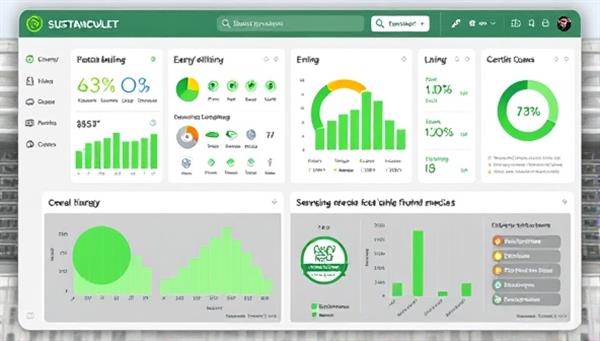 A digital dashboard displaying sustainability metrics, energy efficiency ratings, and green building certifications for a construction project, with visual charts illustrating environmental impacts and sustainability goals achieved, promoting eco-conscious construction practices and assessments.