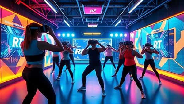 An immersive and futuristic visual showcasing a VR fitness class in action, featuring virtual trainers guiding participants through dynamic exercises in a virtual gym environment, with vibrant digital displays and interactive workout challenges, creating a high-tech and energetic atmosphere that revolutionizes the fitness industry through innovative technology and engaging fitness experiences.