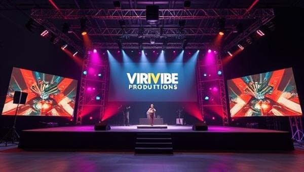 An immersive visual representation of a virtual event stage set up with professional lighting, branding elements, and interactive features, showcasing VirtualVibe Productions
