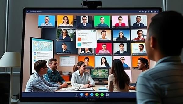 An engaging virtual language class scene on a computer screen, featuring interactive learning tools and a diverse group of students, highlighting the dynamic and immersive nature of language education in a virtual setting.