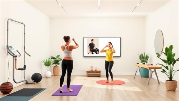 An inviting virtual wellness studio with calming decor, exercise equipment, and a virtual coach guiding a client through a virtual workout session, illustrating a supportive and motivating environment for achieving health and fitness goals with WellNest Virtual.