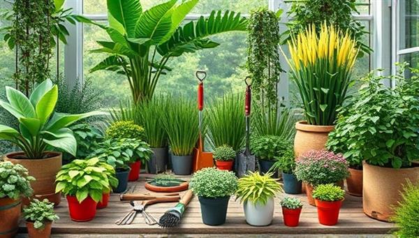 A botanical visual representation showcasing a virtual gardening workshop setting with lush green plants, gardening tools, and a variety of potted plants arranged in a serene outdoor space, inviting participants to explore the world of plants and join the online gardening experience.