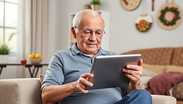 A heartwarming visual of a senior individual using the fitness app on a tablet, engaging in gentle exercises with virtual guidance, surrounded by images of healthy food options and social connections, promoting a holistic approach to senior well-being.