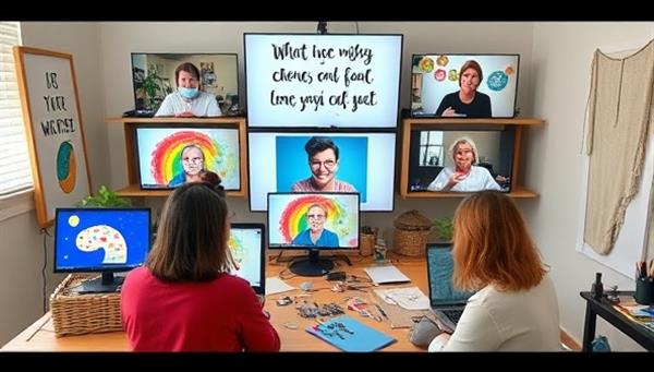 An online art therapy workshop scene showing participants engaging in creative activities on their individual screens, surrounded by calming art supplies and inspirational quotes, fostering a sense of community and healing at SoulCanvas Studio.