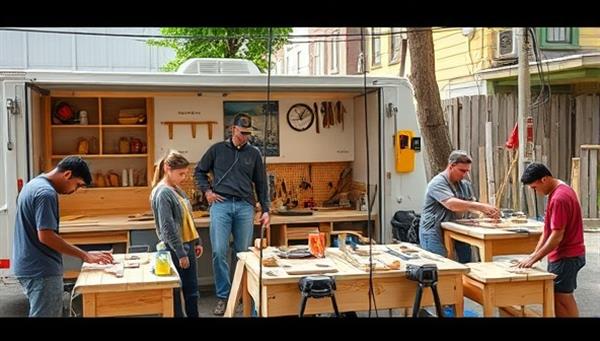 A mobile workshop setup in a vibrant neighborhood, with participants of all ages engaged in building projects, surrounded by tools, materials, and a lively atmosphere of creativity and learning.