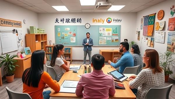 An immersive virtual language classroom setting with diverse students and a language coach engaging in a dynamic language learning session, surrounded by interactive language tools and cultural elements, creating a vibrant and educational atmosphere for language enthusiasts.