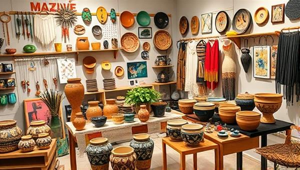An artistic and vibrant local artisan marketplace display showcasing handmade pottery, jewelry, textiles, and art pieces from diverse artisans, arranged in a visually appealing and culturally rich setting, inviting users to explore and support local creativity and craftsmanship.