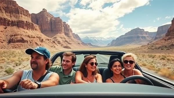 A scenic road trip setting with a diverse group of travelers sharing a car, surrounded by breathtaking landscapes and outdoor activities, capturing the essence of adventure and camaraderie on the road.