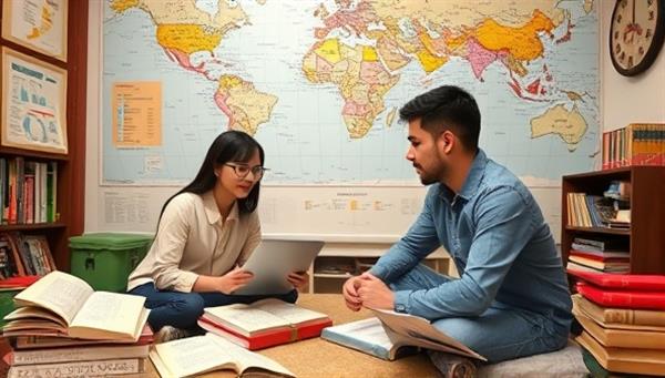An engaging virtual language lesson setup with a tutor and a student interacting through a language learning platform, surrounded by language textbooks, maps, and cultural artifacts, fostering a dynamic and immersive learning environment.
