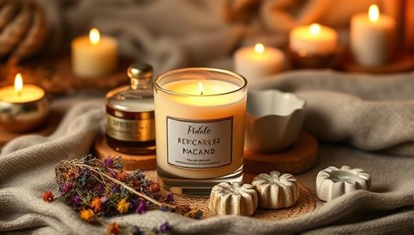 A cozy and inviting setup featuring a beautifully crafted candle surrounded by artisanal ingredients like dried flowers, essential oils, and decorative molds, set against a backdrop of warm candlelight and soft textiles, evoking a sense of relaxation and creativity.