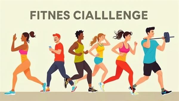 An illustration of diverse individuals participating in an online fitness challenge together, each engaged in different fitness activities like yoga, running, and weightlifting, emphasizing community and wellness diversity.