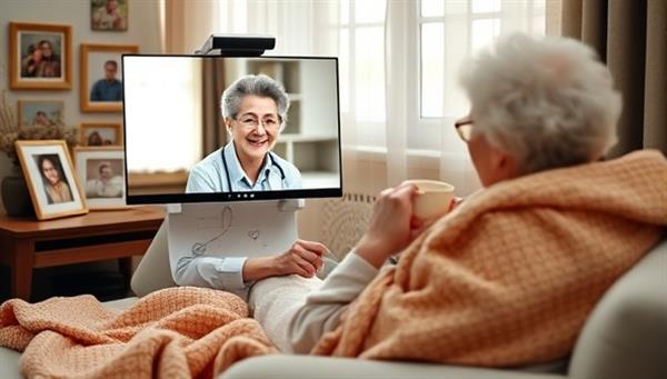 A heartwarming virtual meeting scene showing a caregiver interacting with an elderly person via video call, surrounded by comforting elements like family photos, a cozy blanket, and a cup of tea, symbolizing compassionate care and connection through technology.