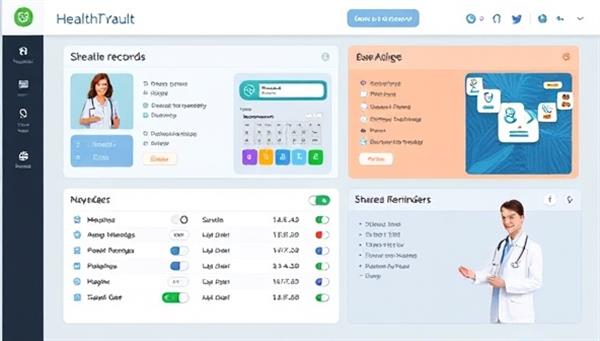 An interactive dashboard displaying a user accessing their e-health records, scheduling appointments, setting medication reminders, and sharing data with a healthcare provider, showcasing the user-friendly interface and comprehensive features of HealthTrack Vault.