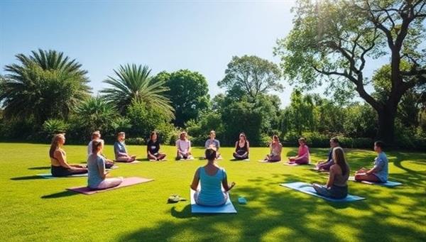 A serene outdoor setting at a wellness retreat pop-up experience, featuring yoga mats laid out on a green lawn, participants meditating in a circle under a clear blue sky, and a backdrop of lush trees and peaceful nature sounds, creating a tranquil and rejuvenating atmosphere of holistic well-being.