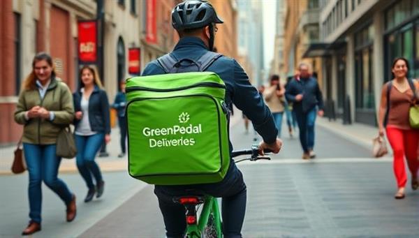 A vibrant image of a delivery cyclist with a branded GreenPedal Deliveries backpack, effortlessly maneuvering through city streets, passing by smiling pedestrians and showcasing the eco-friendly aspect of the service.