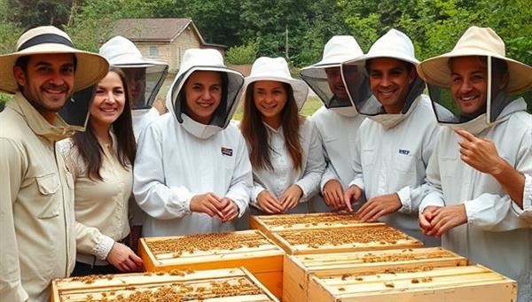 A group of diverse participants in beekeeping suits, smiling and engaged in a hands-on urban beekeeping workshop surrounded by buzzing hives, showcasing a fun and educational experience in sustainable agriculture.