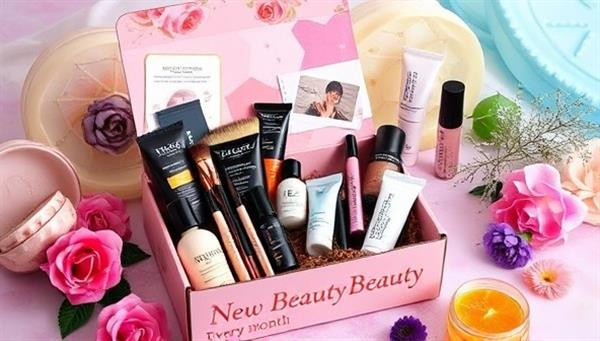 An artistic image showcasing a beautifully curated makeup subscription box filled with high-quality products, makeup brushes, and beauty accessories, surrounded by vibrant colors and artistic elements, inspiring subscribers to discover new beauty treasures every month.
