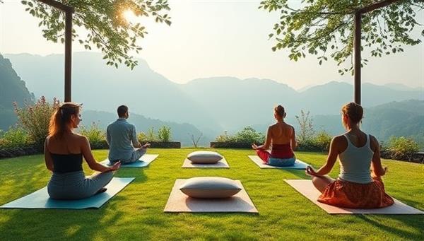 A serene and tranquil virtual retreat setting with soothing nature sounds, yoga mats, meditation cushions, and virtual participants engaging in a mindfulness session led by a wellness coach, creating a peaceful and rejuvenating atmosphere.